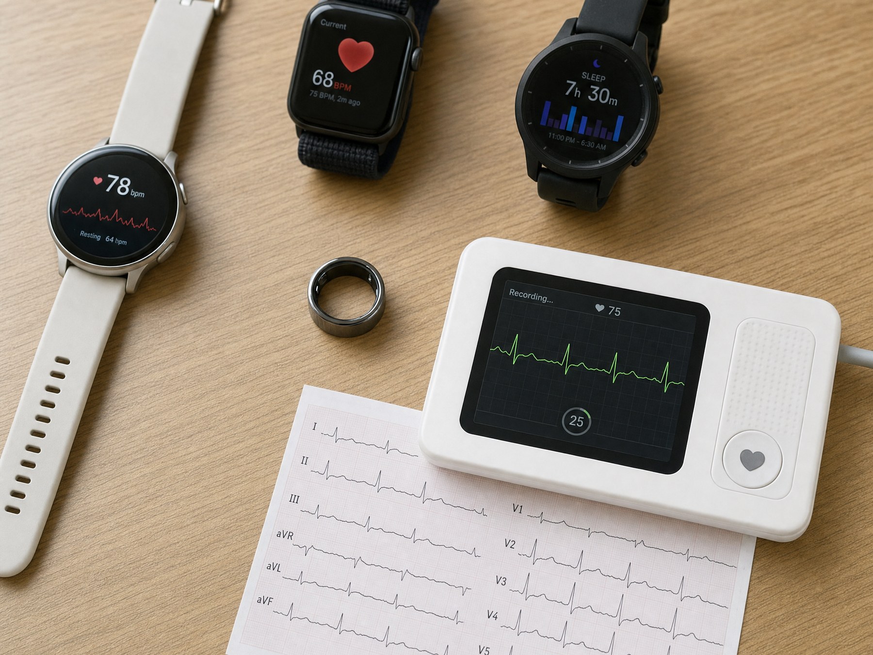 Flat-lay photograph on a wood surface showing three smartwatches with heart-rate displays, a smart ring, a handheld single-lead ECG device with a live green ECG trace, and a printed 12-lead ECG report.