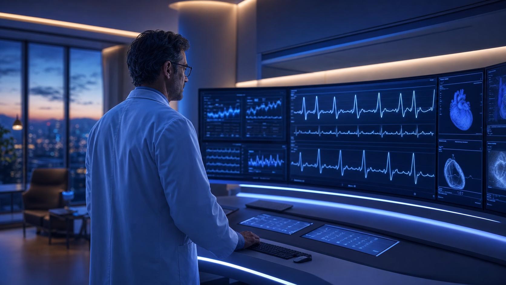 Cardiologist reviewing multi-lead ECG waveforms on a hospital monitoring workstation