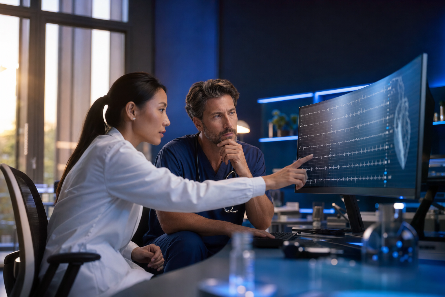Clinical researcher and cardiologist reviewing anonymised ECG data on a large display