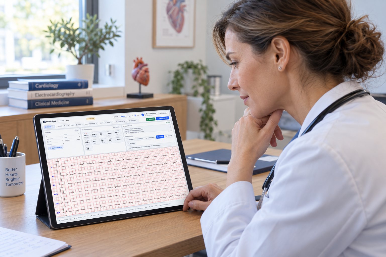 A cardiologist reviewing a 12-lead ECG in the Cardiolyse web app on a tablet at her desk.