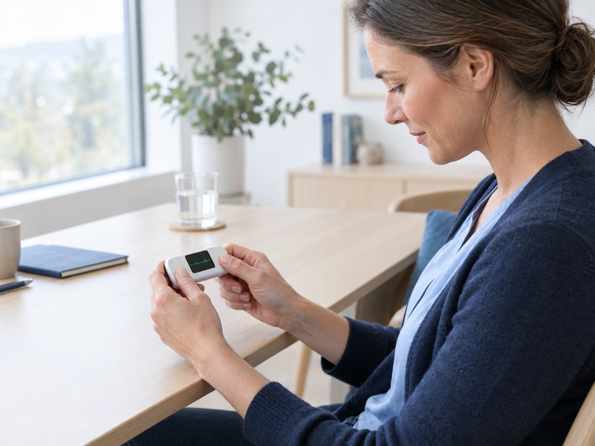 A woman taking a short single-lead ECG recording with a handheld device at a desk.
