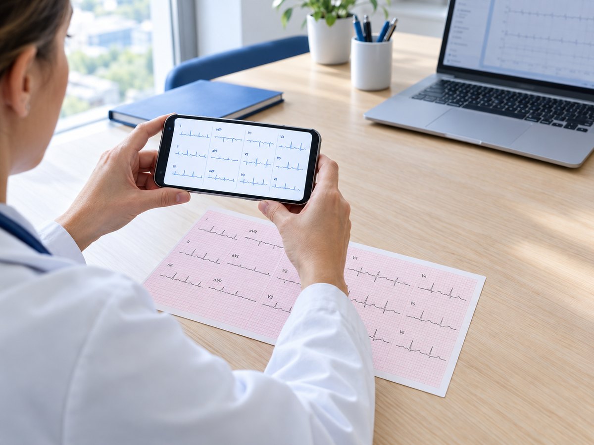 A clinician photographing a printed 12-lead ECG with a smartphone, which shows the digitised waveform.