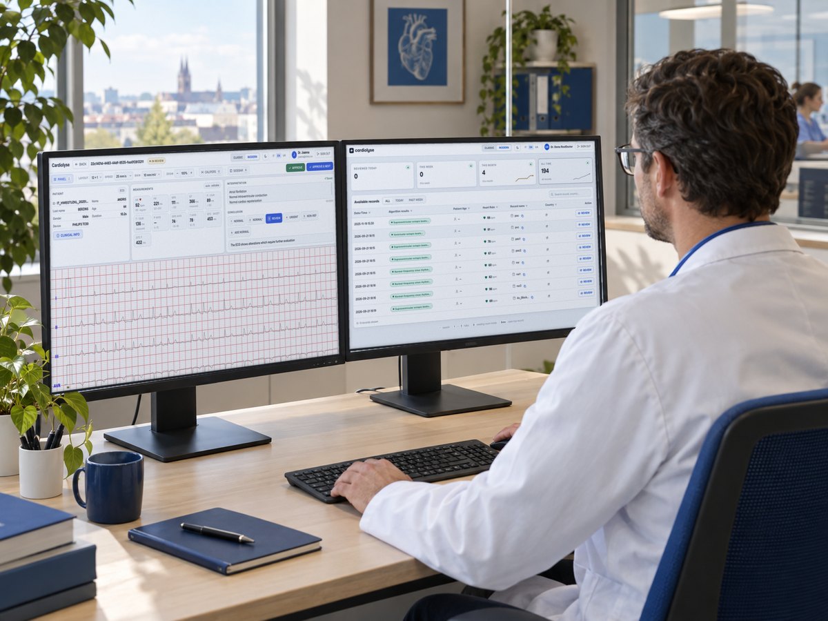 A cardiologist in a hospital reading room reviewing an ECG recording and the records worklist in Cardiolyse ECG Workspace on two monitors.