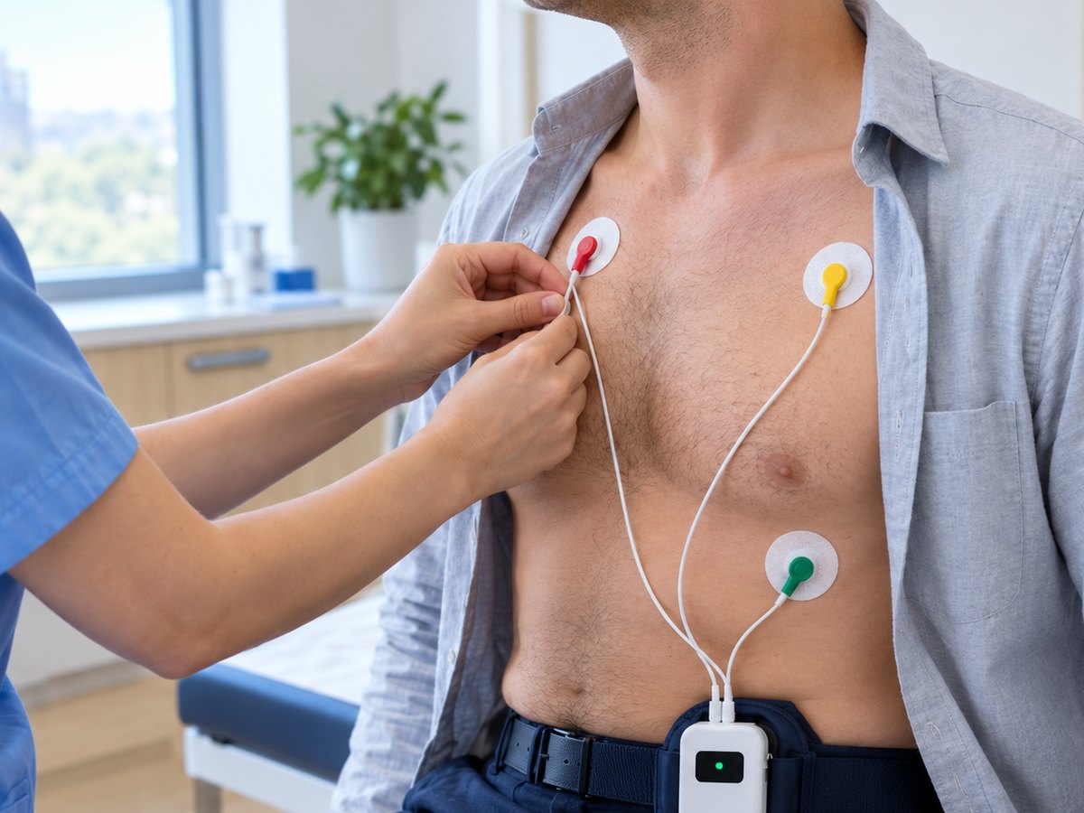 A nurse attaching three colour-coded ECG electrodes connected to a compact Holter recorder to a patient's chest.