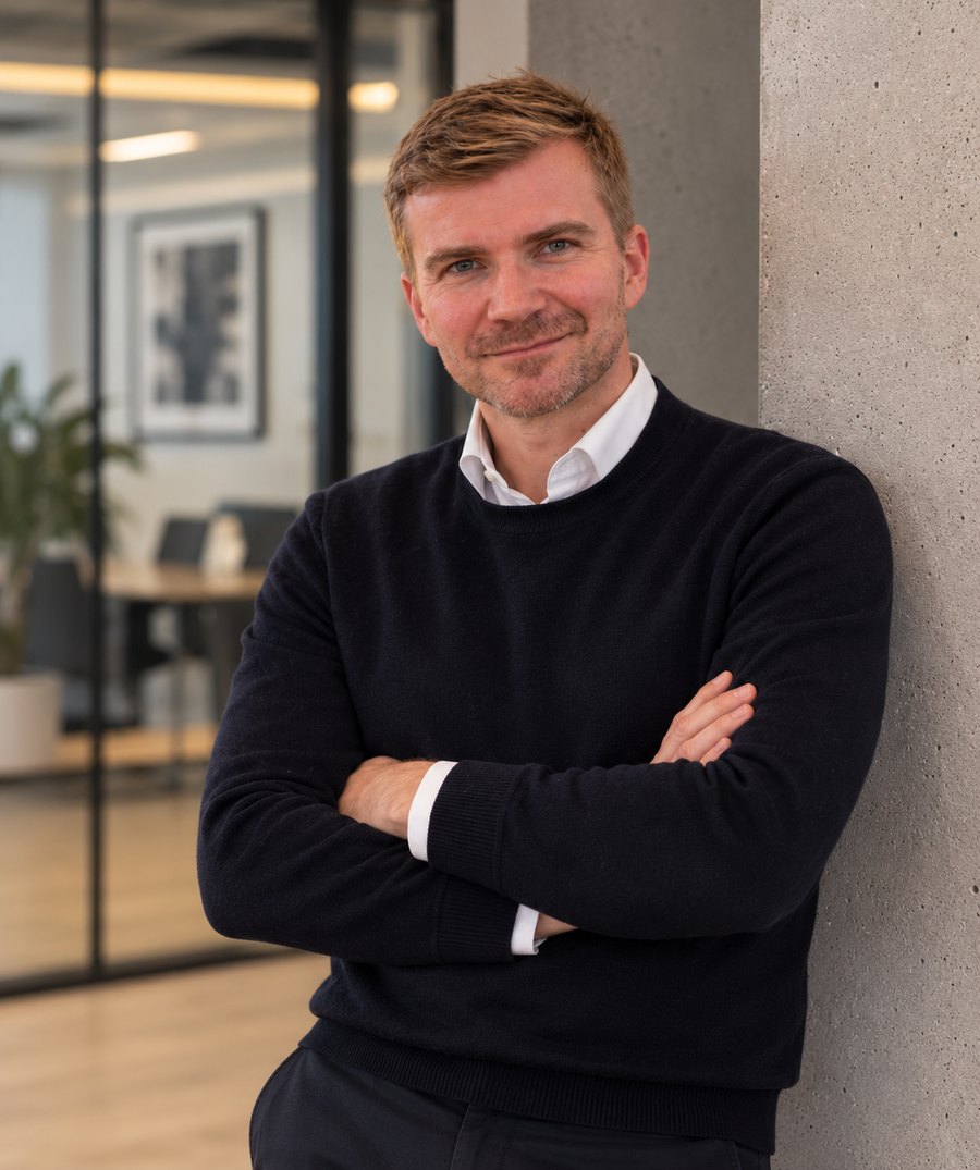 Normunds Daudiss, CEO of Cardiolyse, standing with arms crossed in the office.