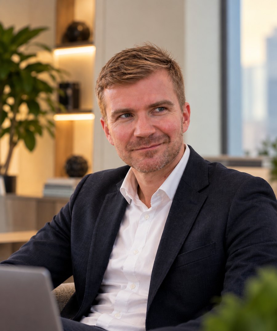 Normunds Daudiss, CEO of Cardiolyse, seated in an office with a laptop.