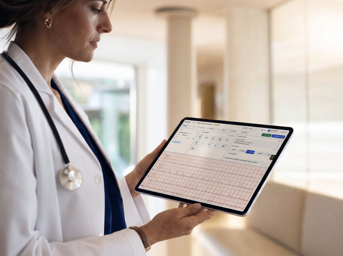 A clinician reviewing a resting ECG analysed by Cardiolyse on a tablet.