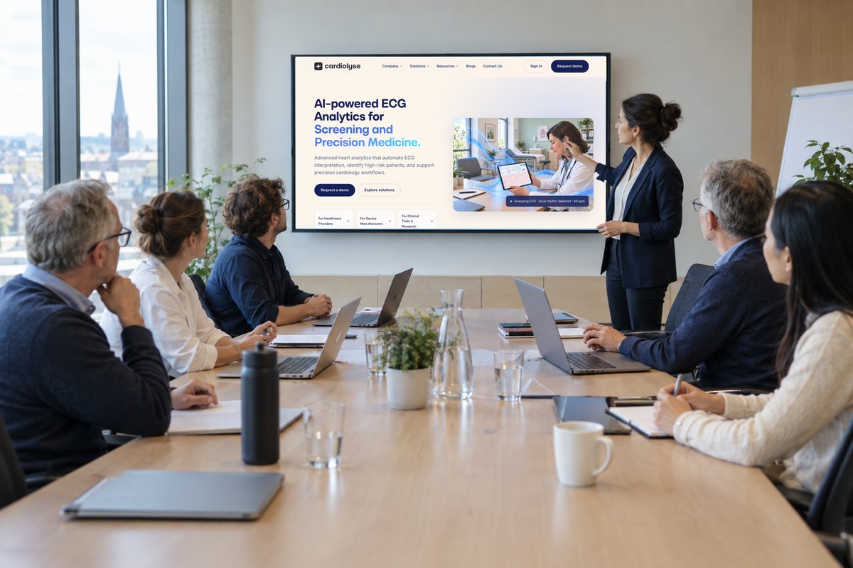 An international research consortium meeting in a bright conference room, with a presenter showing the Cardiolyse website on a large screen.