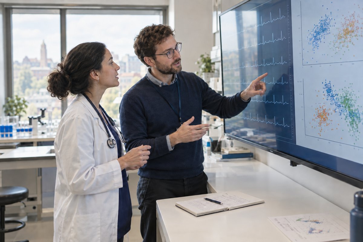 A research cardiologist and a data scientist discussing ECG traces and scatter-plot charts on a large wall display in a research lab.