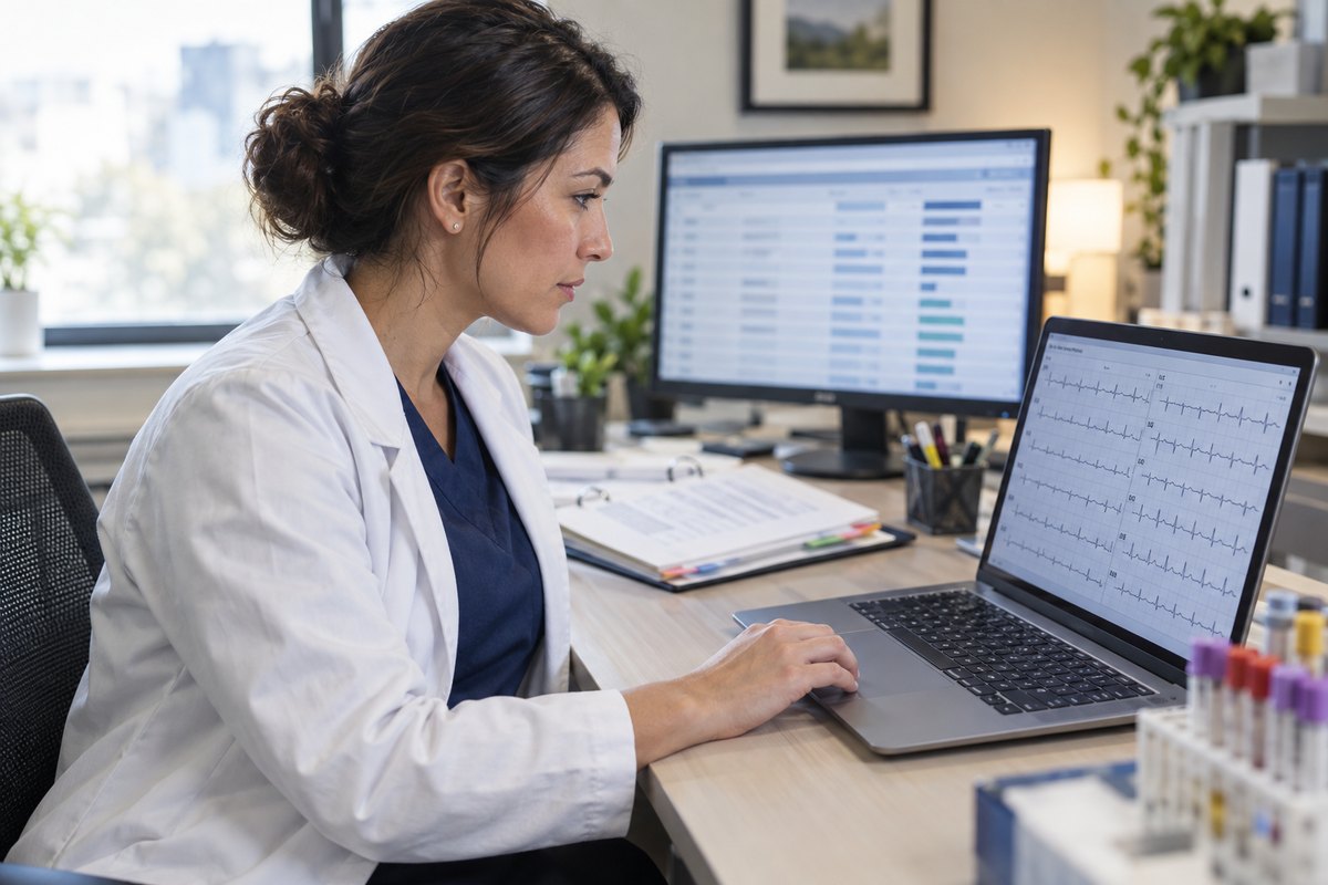 A clinical research coordinator reviewing 12-lead ECG waveforms on a laptop at a clinical-trial site, with study binders and sample tubes on the desk.