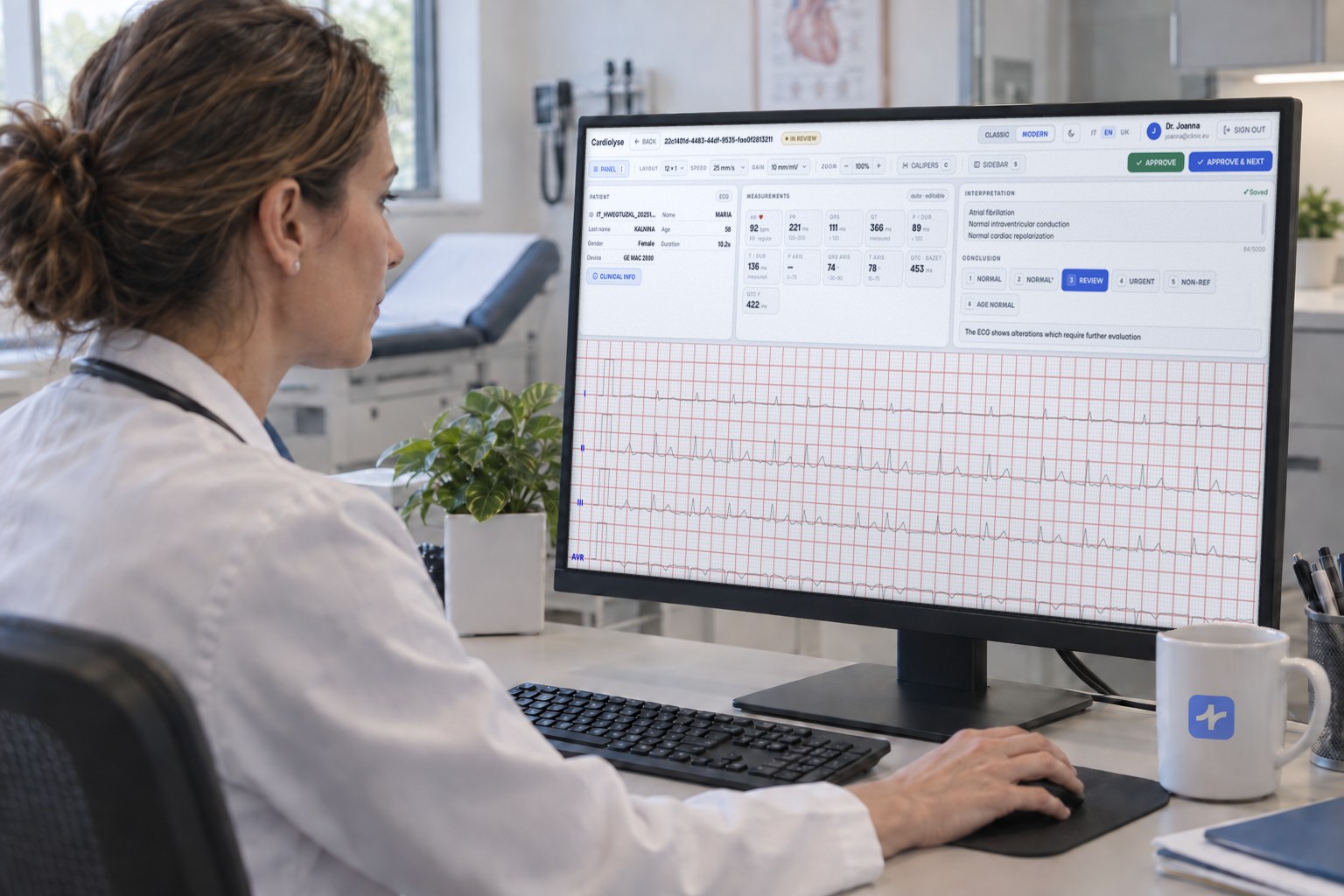 A cardiologist at her desk reviewing a 12-lead resting ECG in Cardiolyse ECG Workspace on a desktop monitor, with editable measurements, interpretation, conclusion categories and Approve & Next.